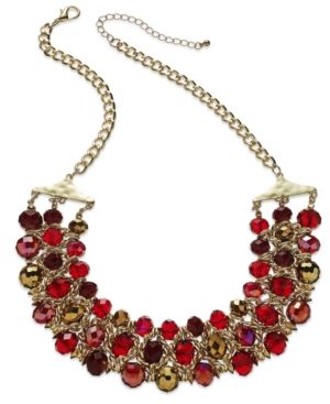 Styleco. Gold-Tone Faceted Red Bead Three-Row Frontal Necklace